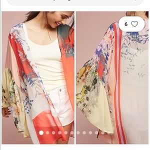 Anthropologie Georgette Ruffle Floreat boho sheer flared sleeve floral kimono